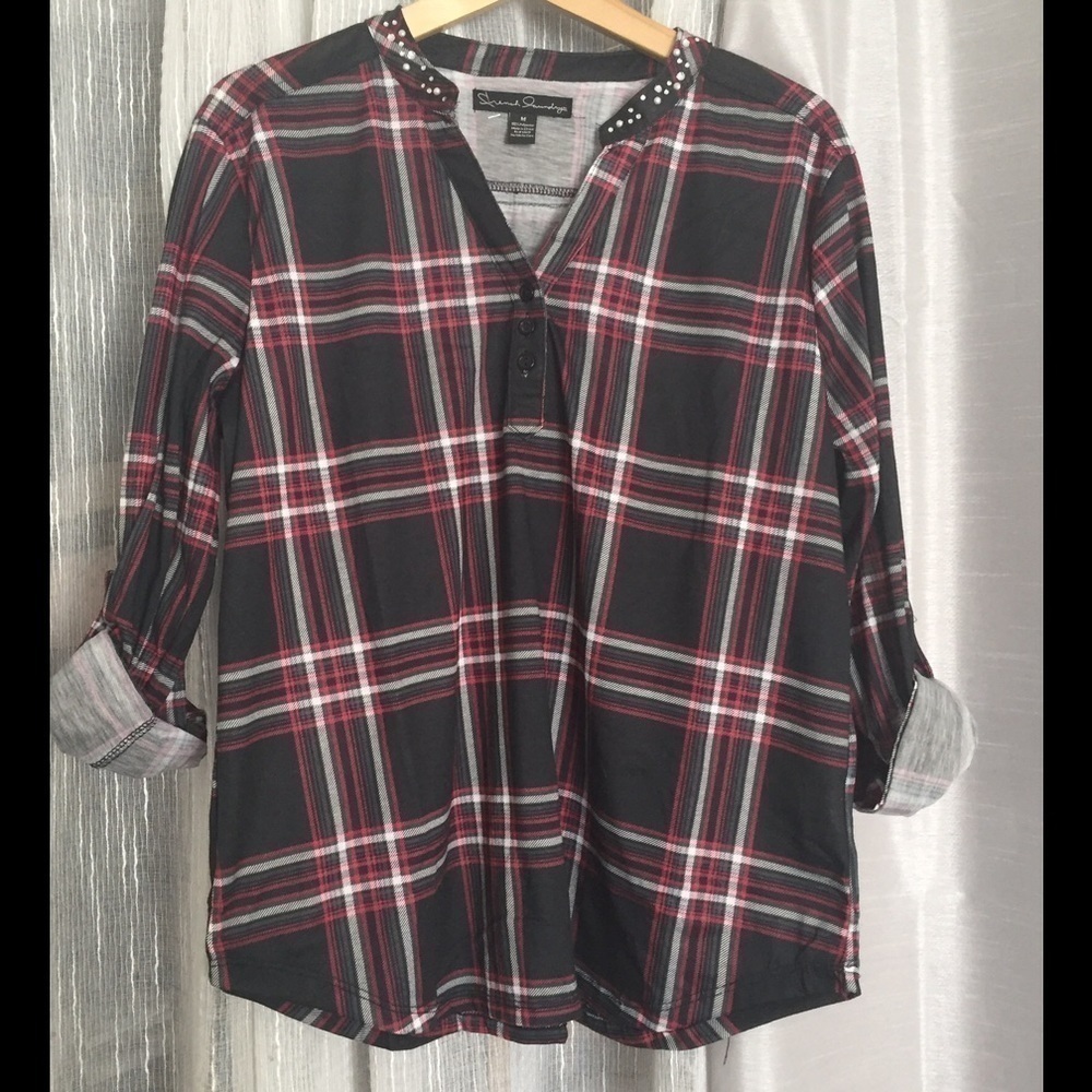 NWT French Laundry Black Plaid Embellished Blouse